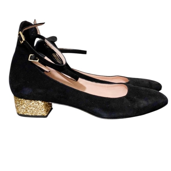 kate spade Shoes - Kate Spade Glitter Ankle Strap Heels Black Gold 7.5